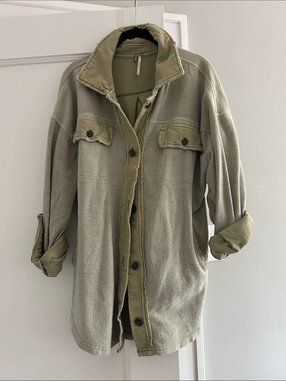 Free People Olive Green Button-Front Fleece Shacket